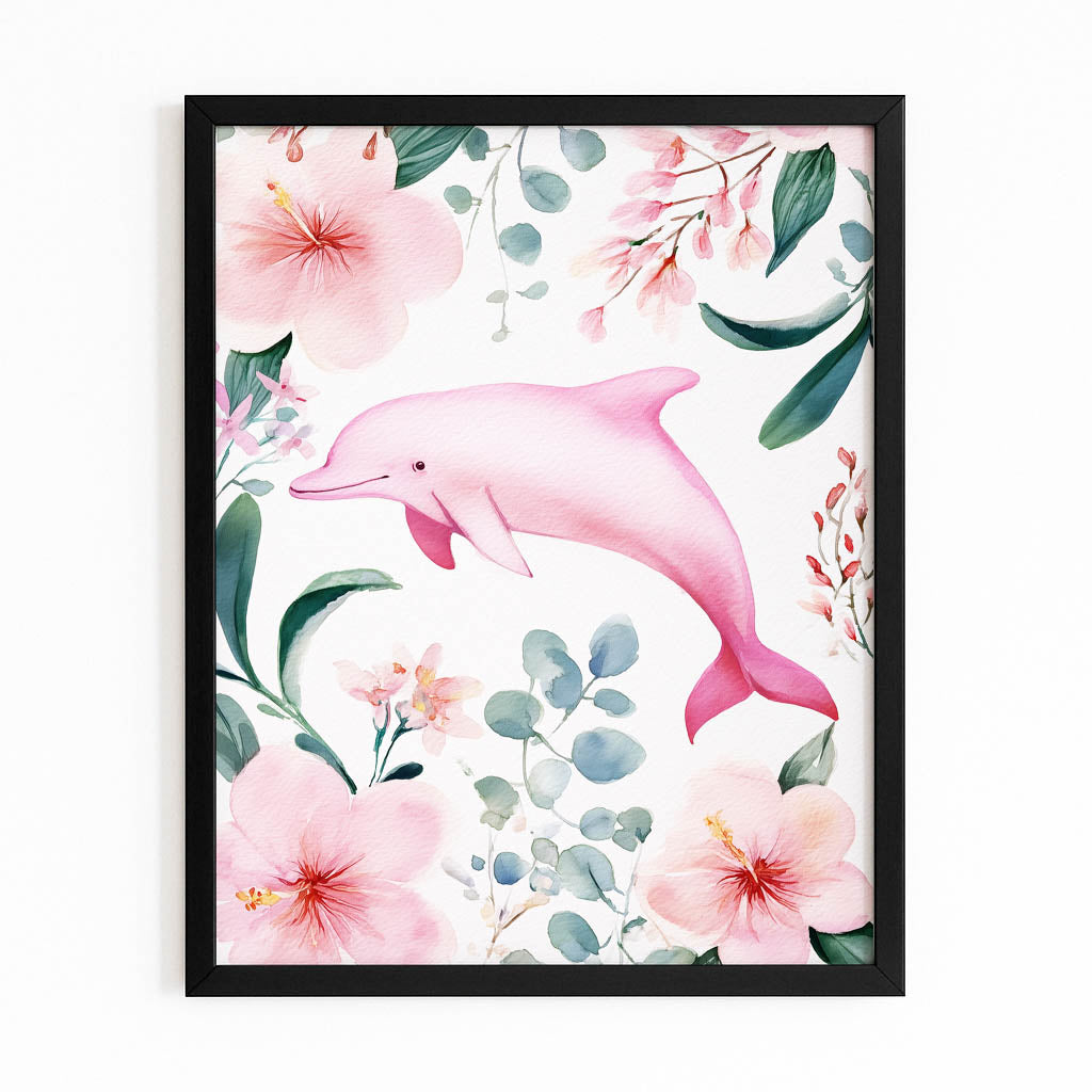 Blush Botanical Dolphin Art — botanical canvas print, with Premium Black frame on white background