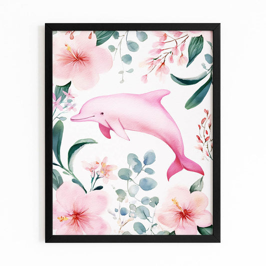Blush Botanical Dolphin Art – with Premium Black wood frame on white background