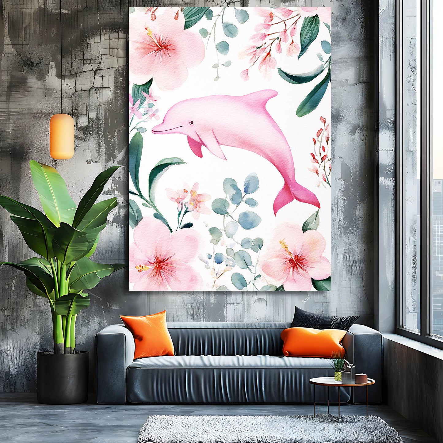 Blush Botanical Dolphin Art – styled in a furnished interior