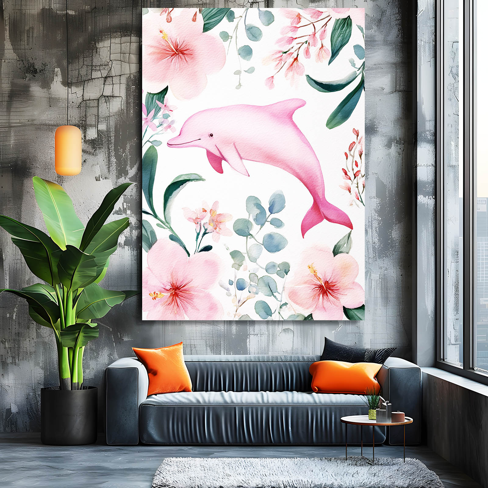 Blush Botanical Dolphin Art – styled in a furnished interior