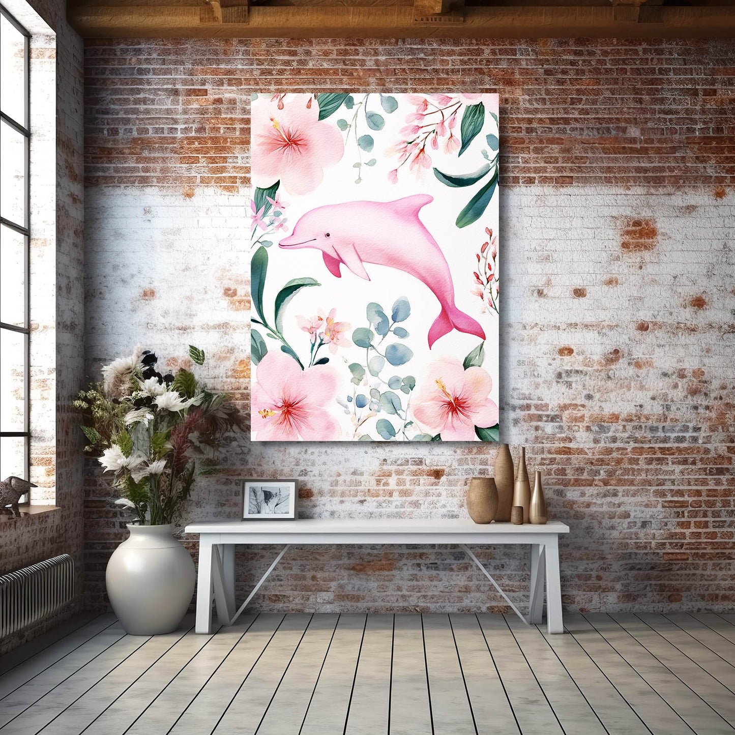 Blush Botanical Dolphin Art – styled in a furnished interior