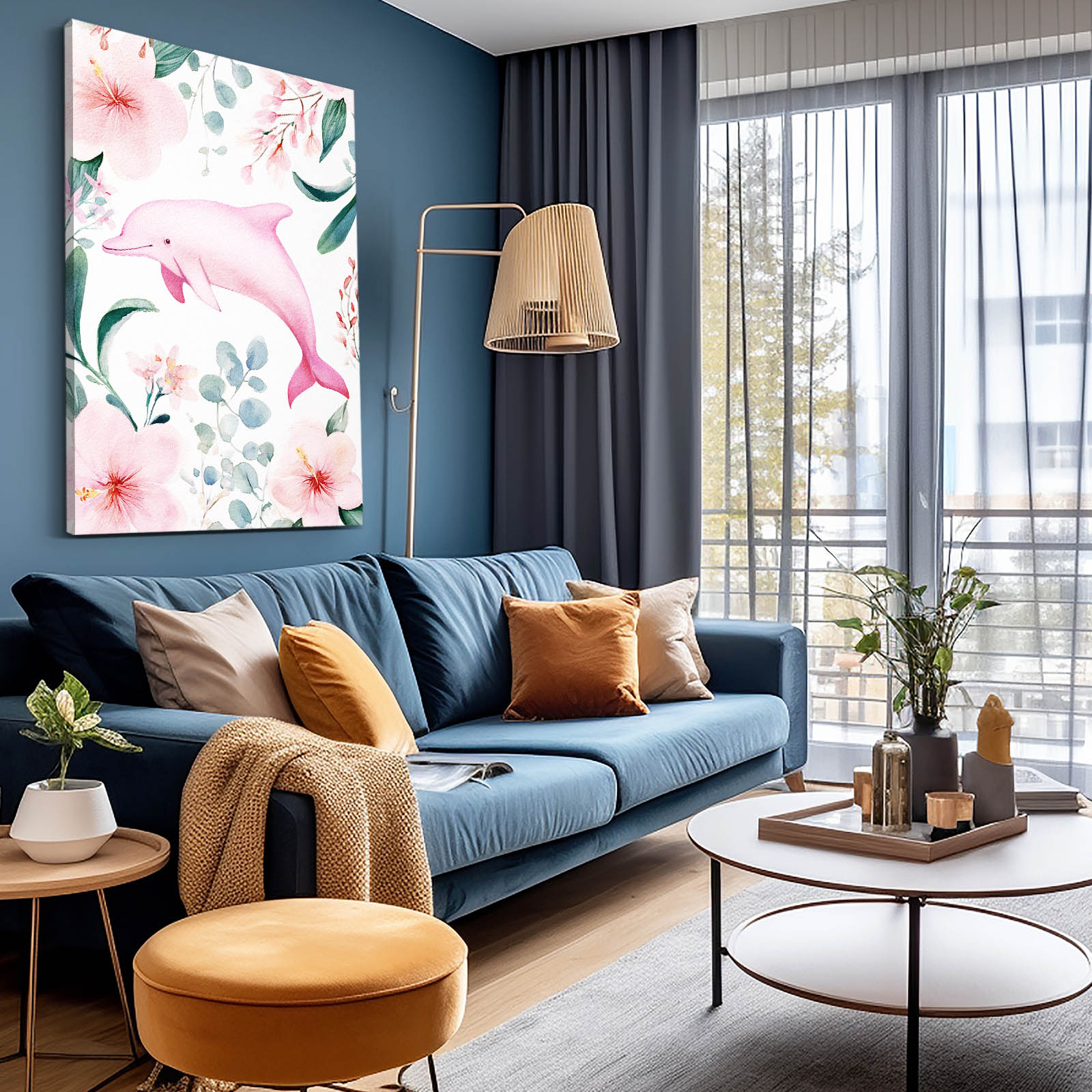 Blush Botanical Dolphin Art – styled in a furnished interior