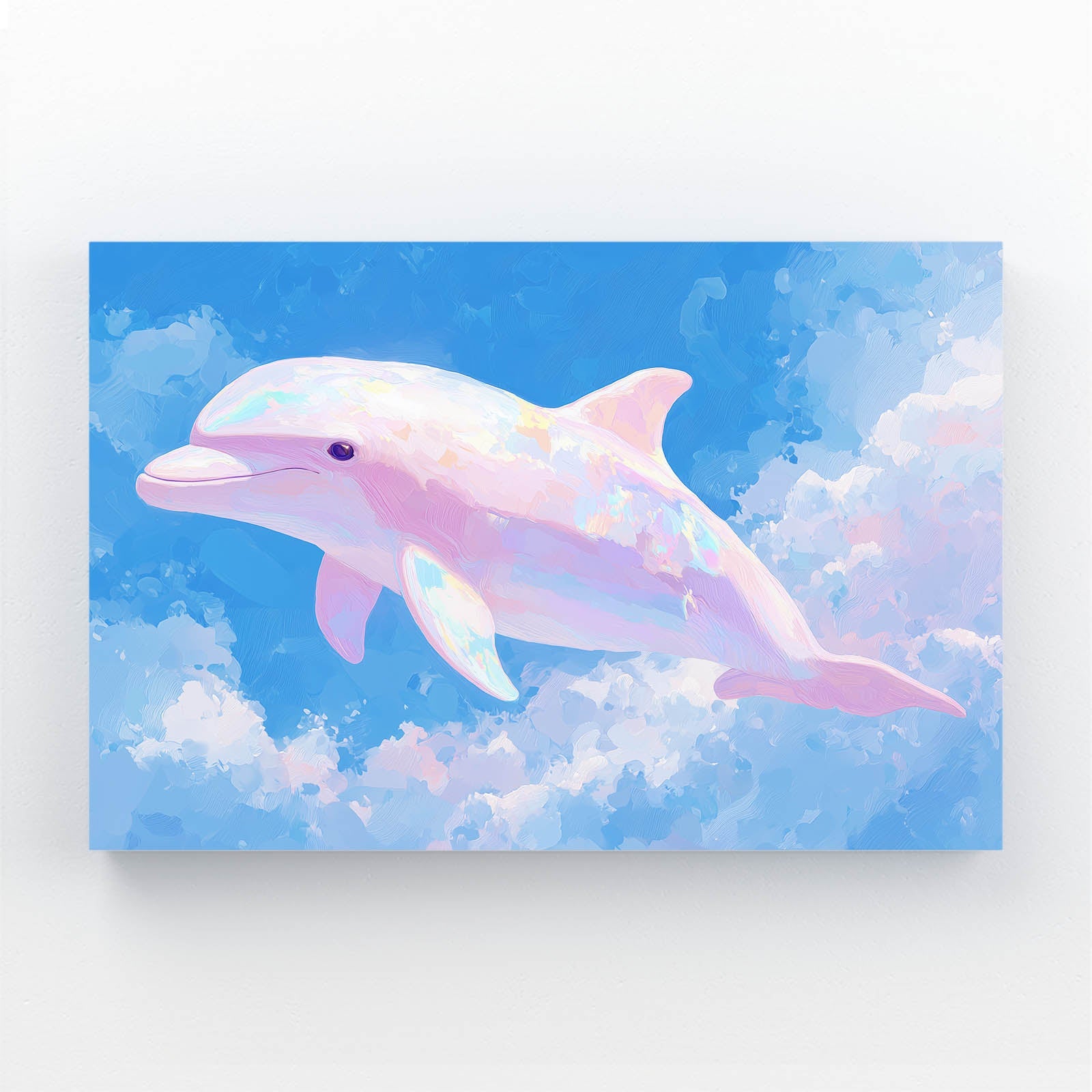 Blush Cloud Dolphin Canvas – pale pink dolphin leaping through soft blush and white clouds