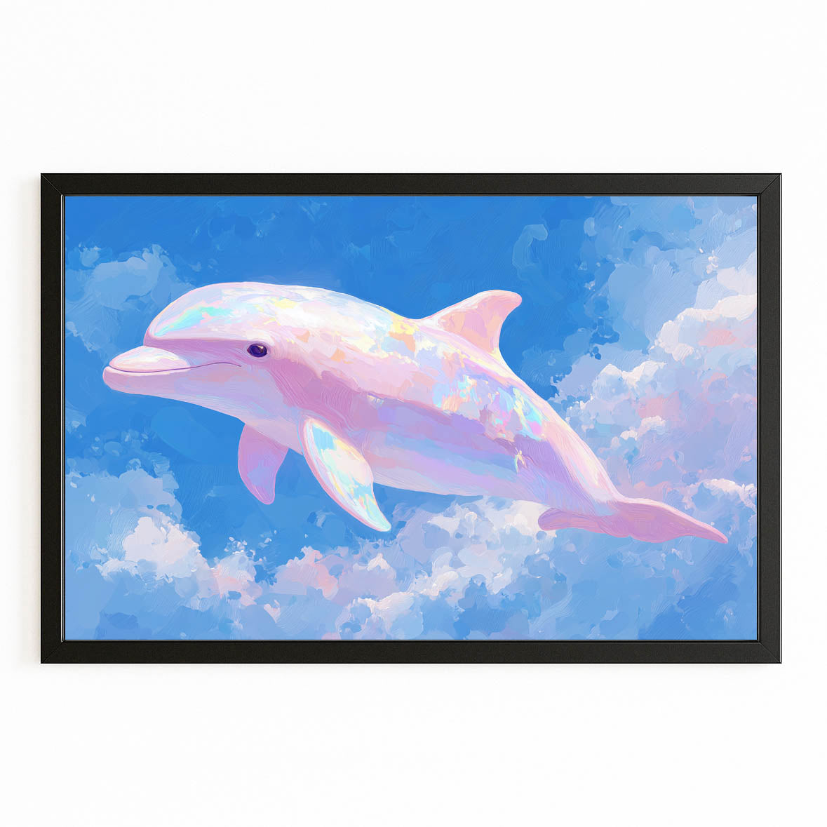Blush Cloud Dolphin Canvas – with Premium Black wood frame on white background