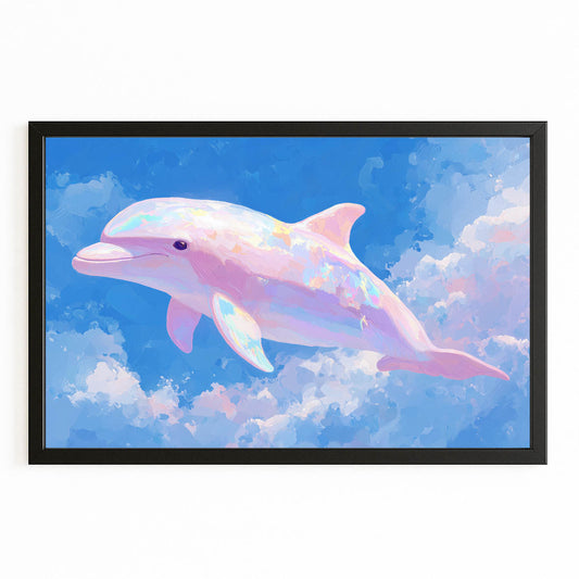 Blush Cloud Dolphin Canvas – with Premium Black wood frame on white background