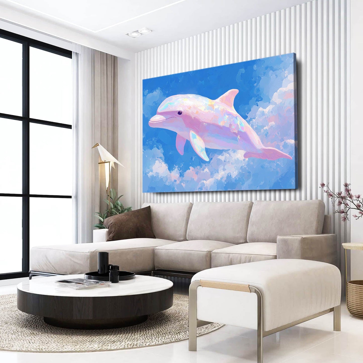 Blush Cloud Dolphin Canvas – styled in a furnished interior