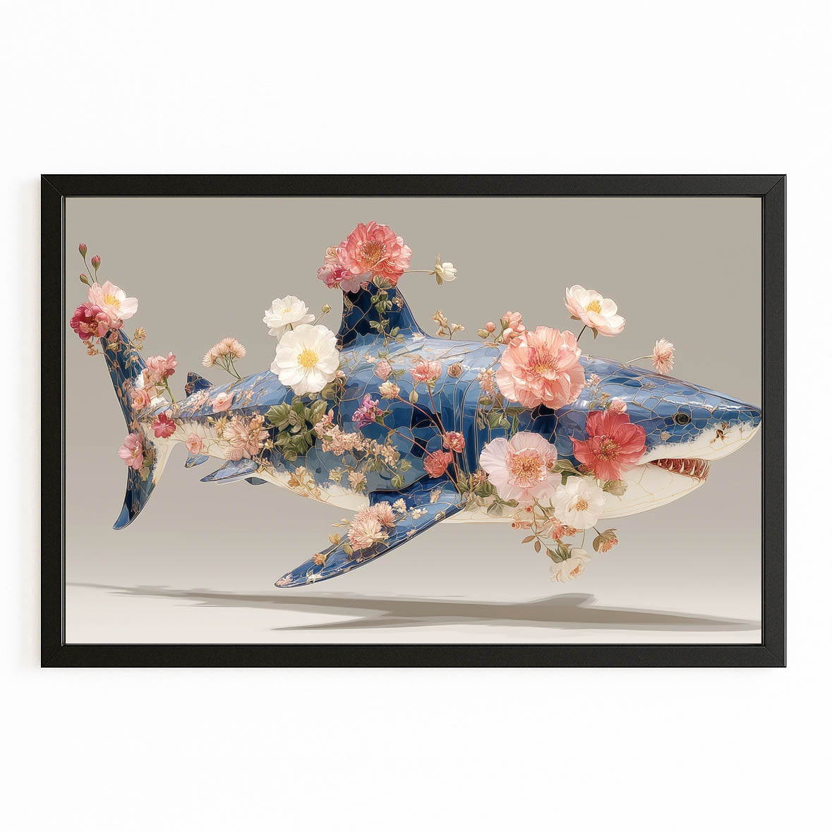 Blush Floral Shark Wall Decor – with Premium Black frame on white background