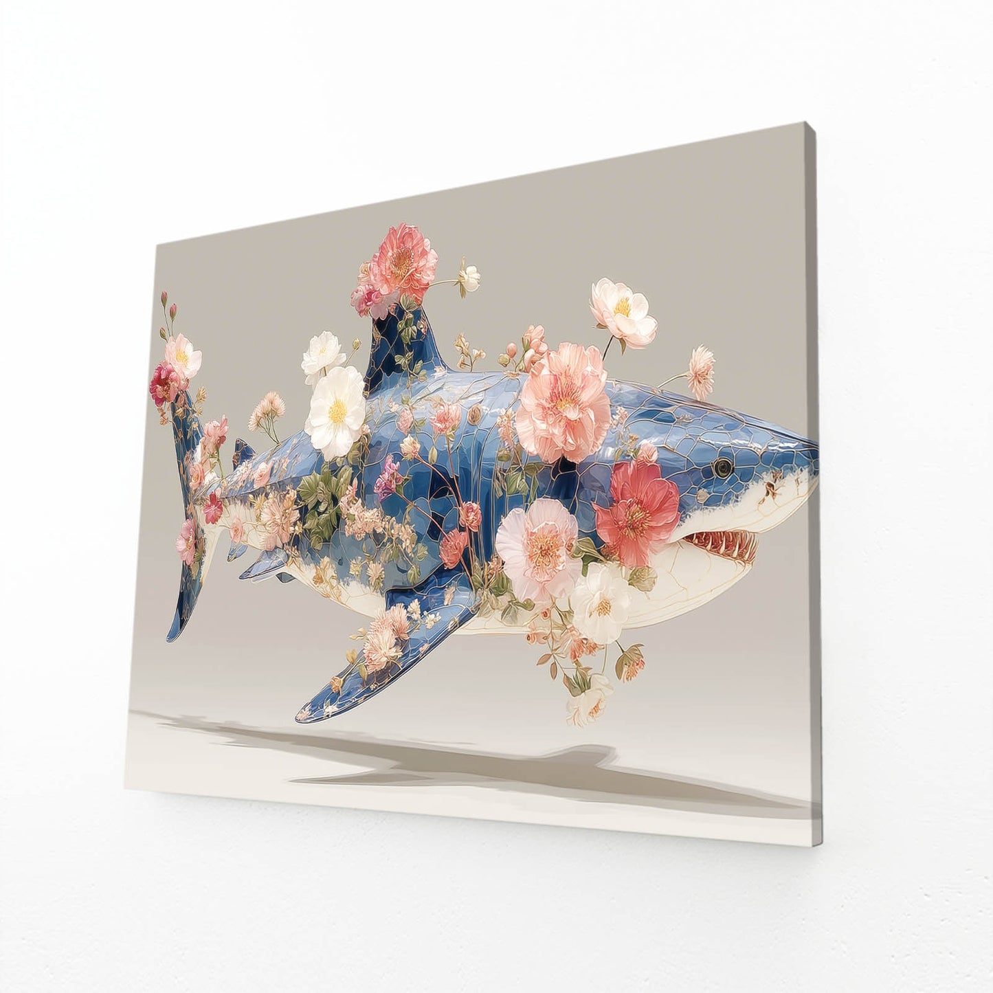 Blush Floral Shark Wall Decor – angled canvas view on white background
