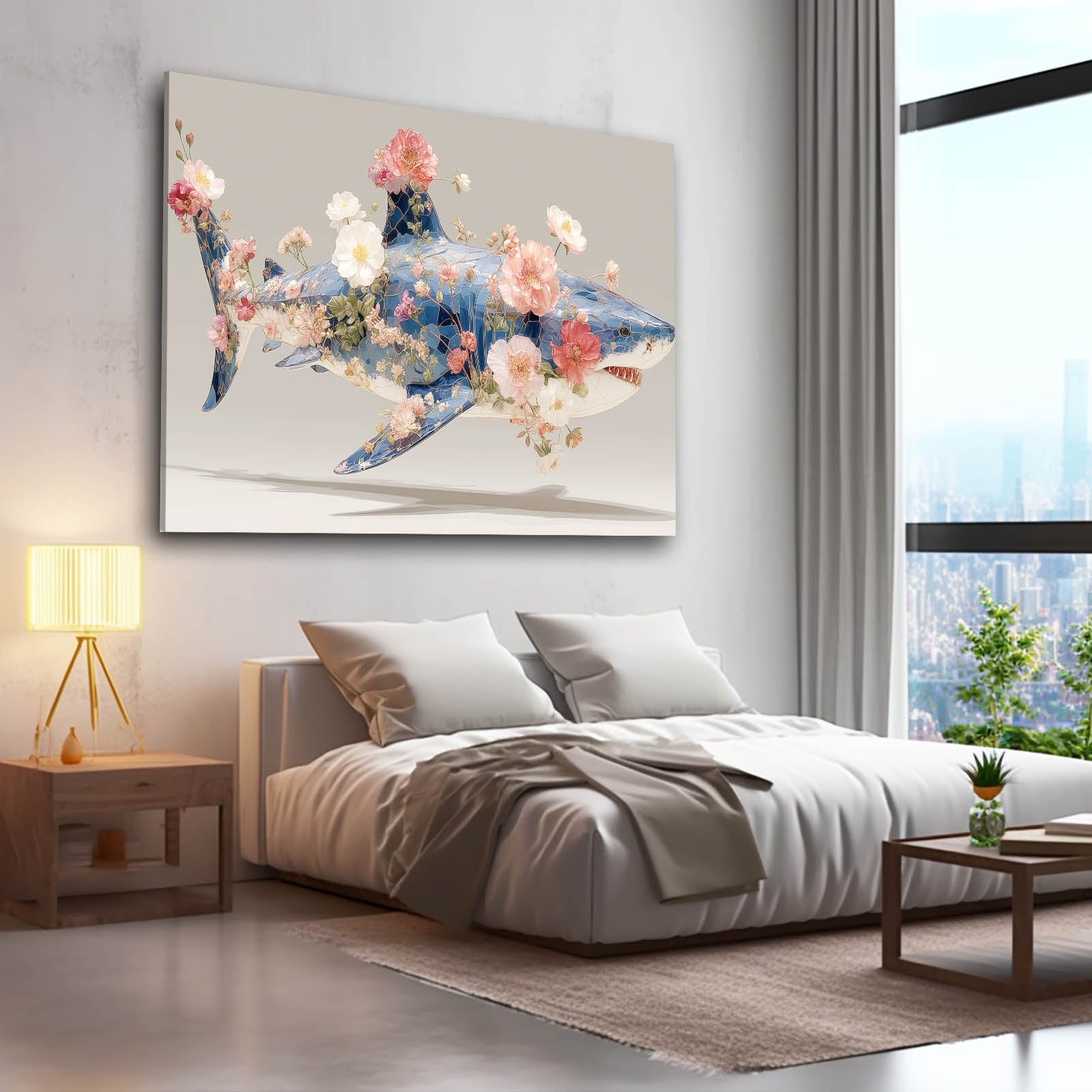 Blush Floral Shark Wall Decor – styled in a furnished interior