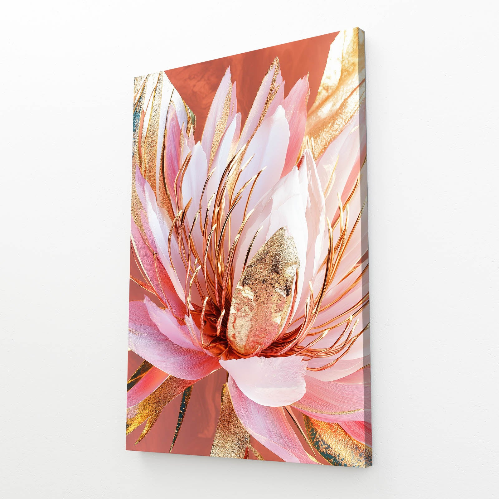 Blush Gold Bloom Flower Wall Art — contemporary canvas print, angled canvas view on white background