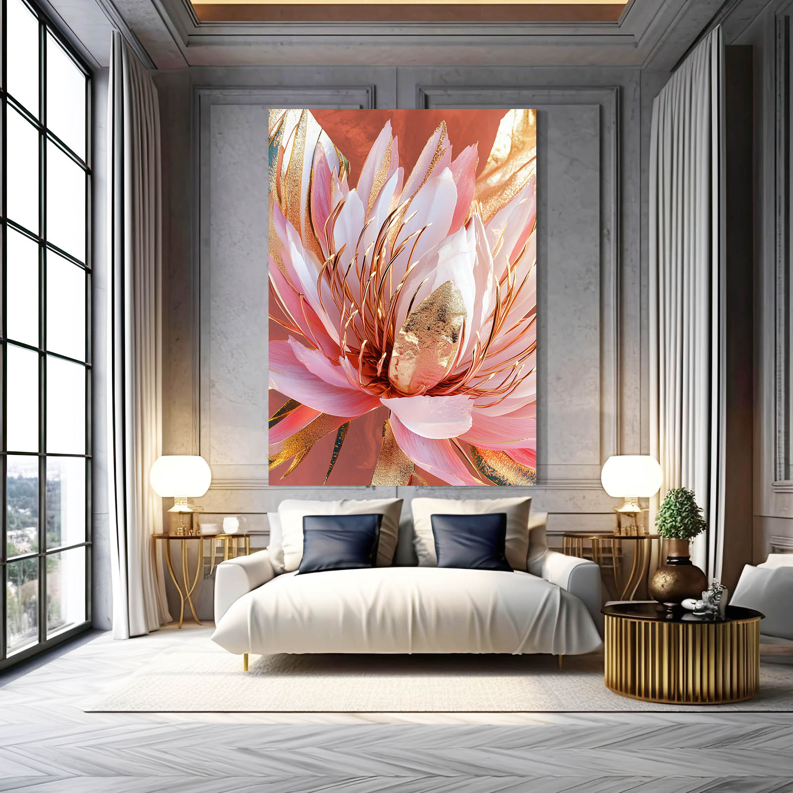 Blush Gold Bloom Flower Wall Art — contemporary canvas print, styled in a furnished interior