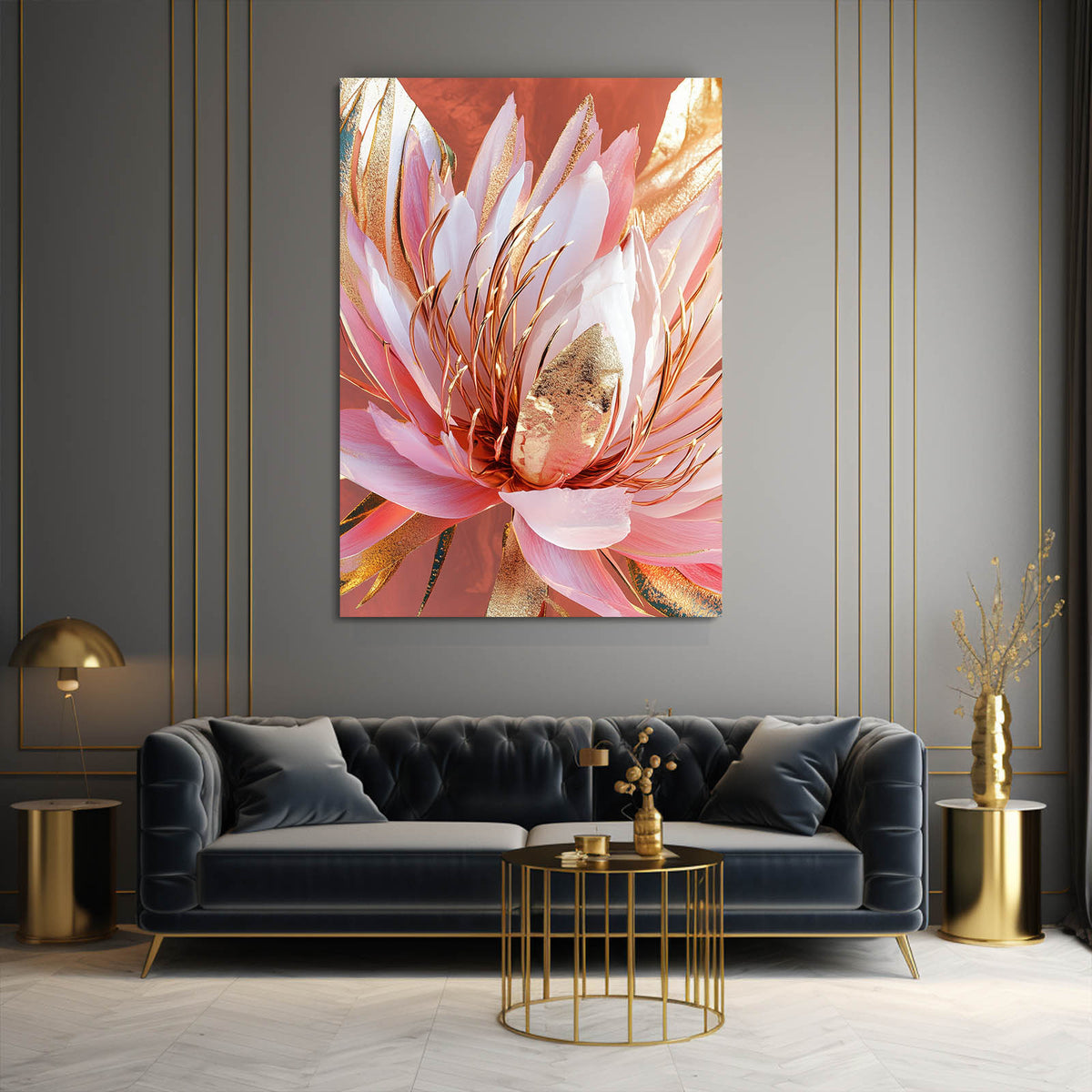 Blush Gold Bloom Flower Wall Art — contemporary canvas print, styled in a furnished interior