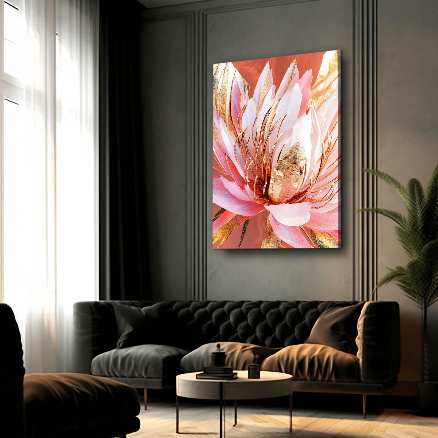 Blush Gold Bloom Flower Wall Art — contemporary canvas print, styled in a furnished interior