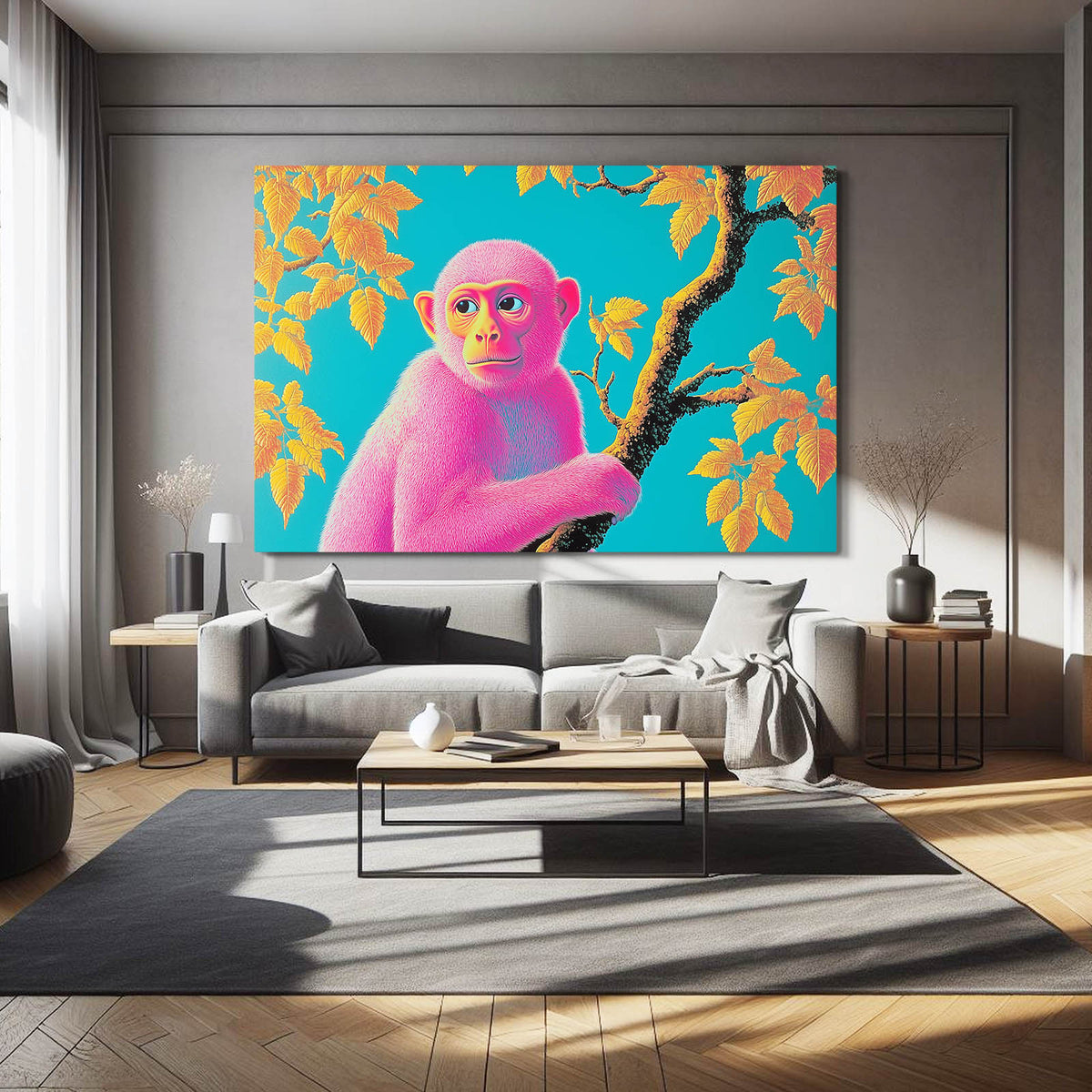 Blush Gold Branch Monkey Wall Decor — contemporary canvas print, styled in a furnished interior