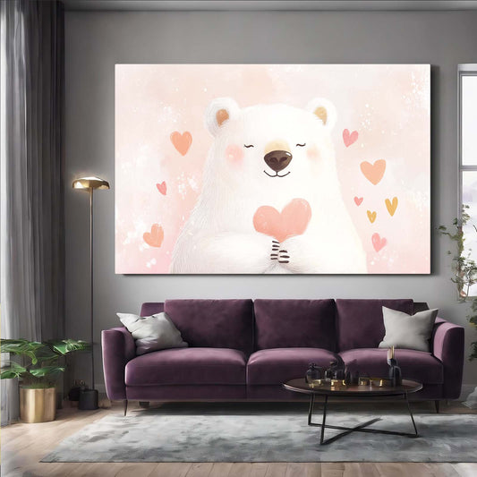 Blush Heart Cub Bear Canvas Art — contemporary canvas print, styled in a furnished interior
