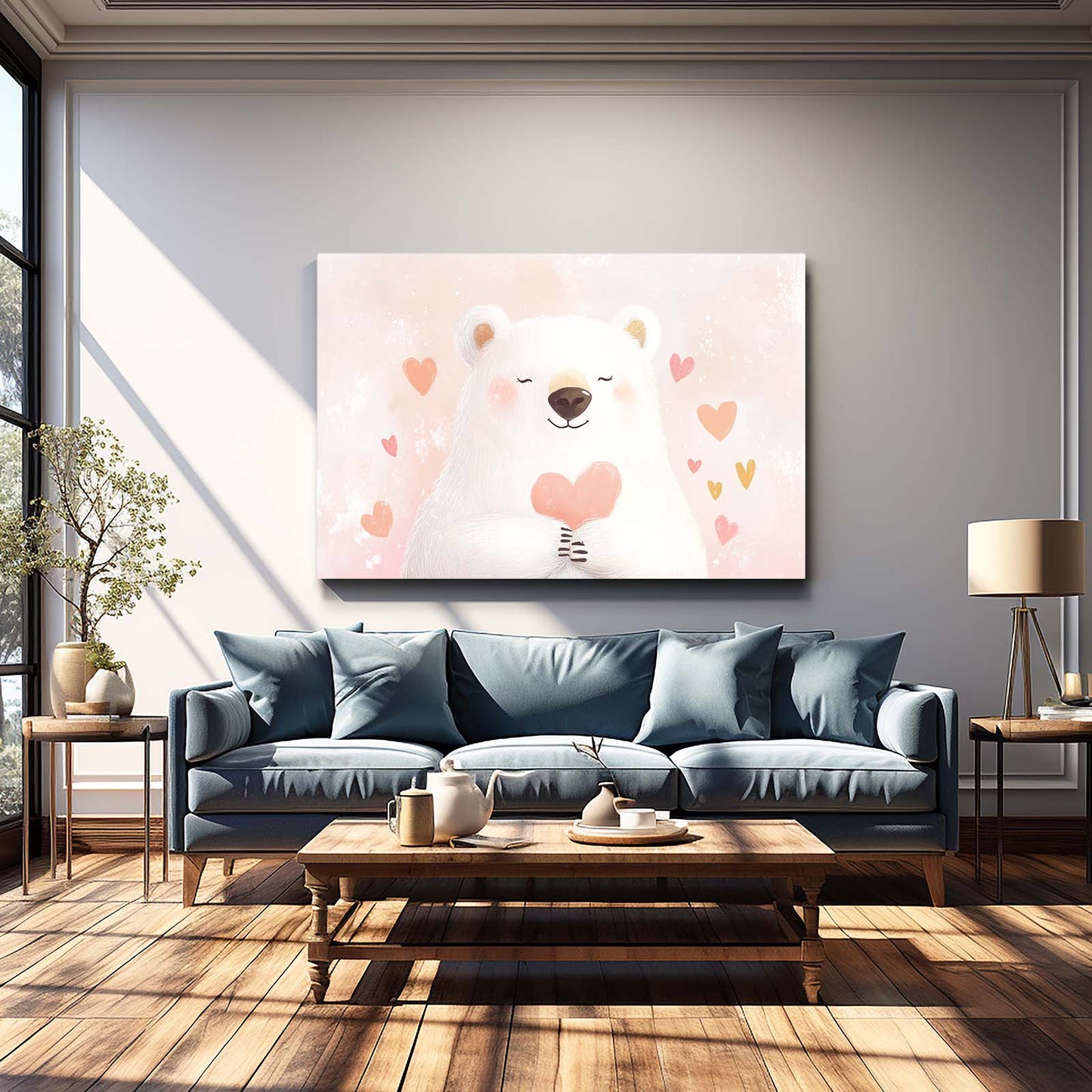 Blush Heart Cub Bear Canvas Art — contemporary canvas print, styled in a furnished interior