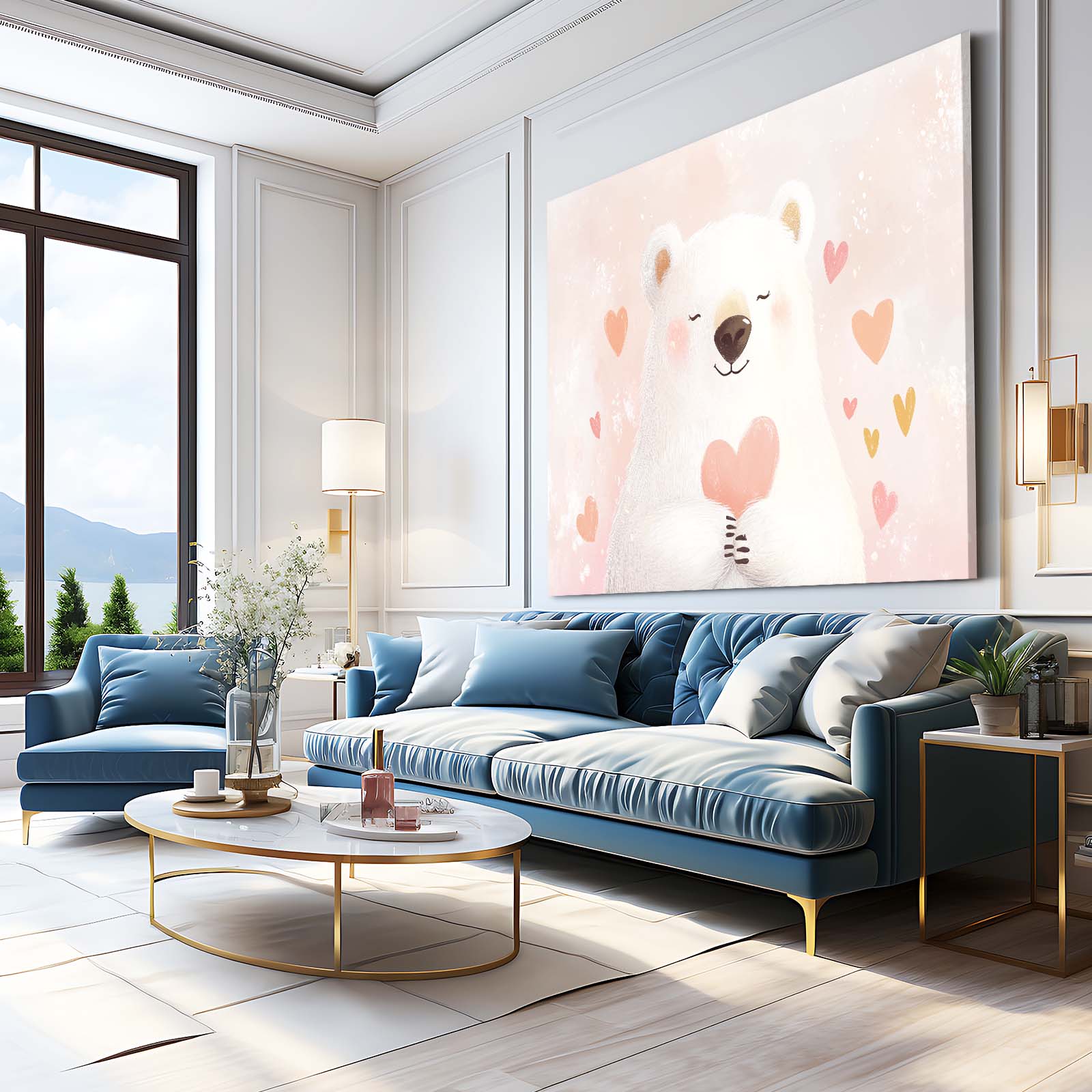 Blush Heart Cub Bear Canvas Art — contemporary canvas print, styled in a furnished interior