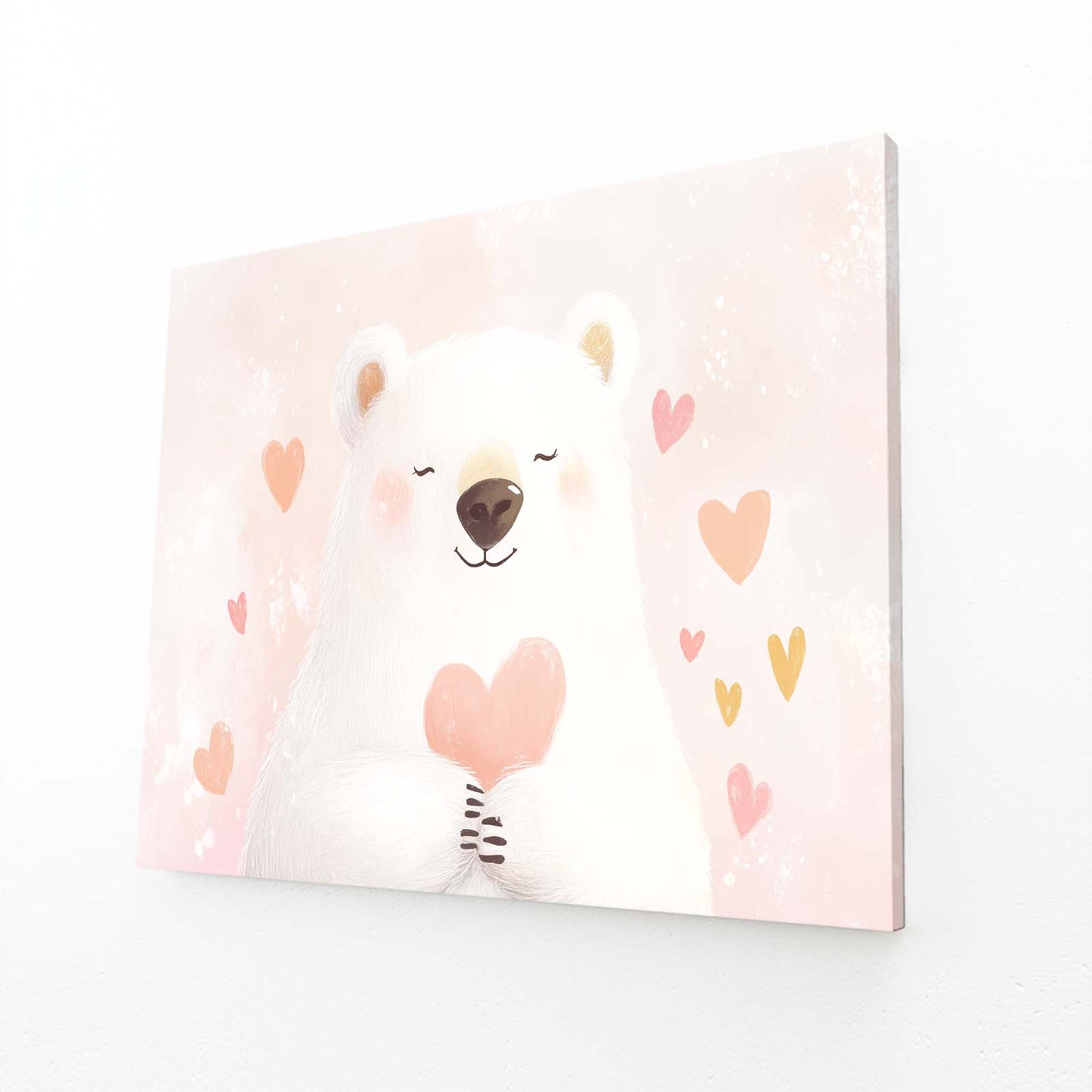 Blush Heart Cub Bear Canvas Art — contemporary canvas print, angled canvas view on white background