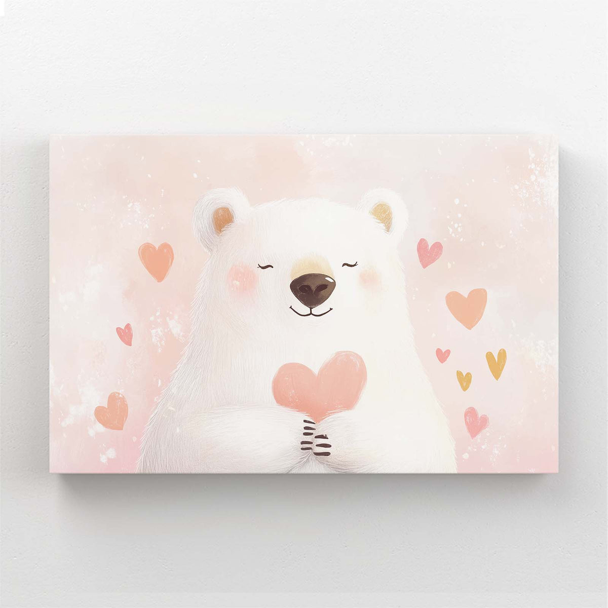 Blush Heart Cub Bear Canvas Art — contemporary canvas print, angled canvas view on white background