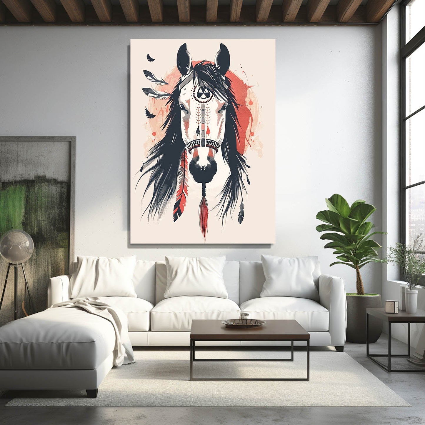 Boho Abstract Horse Decor — boho canvas print in white tones, view 4