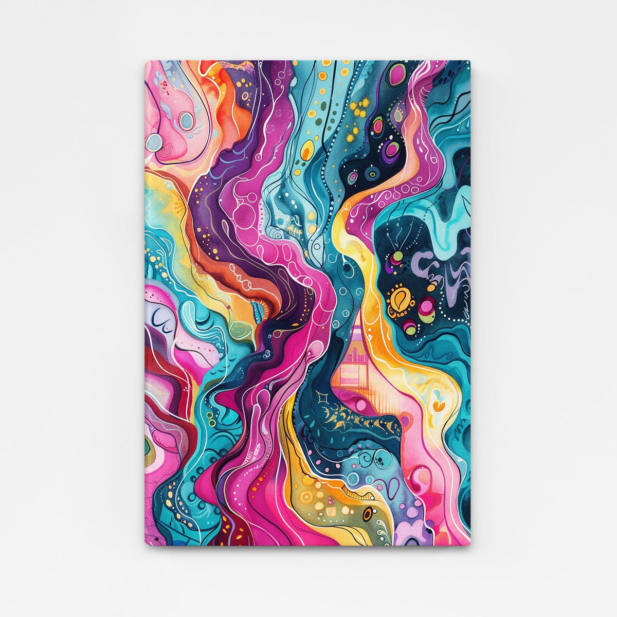 Boho Art Wall — abstract canvas print in blue tones, angled canvas view on white background