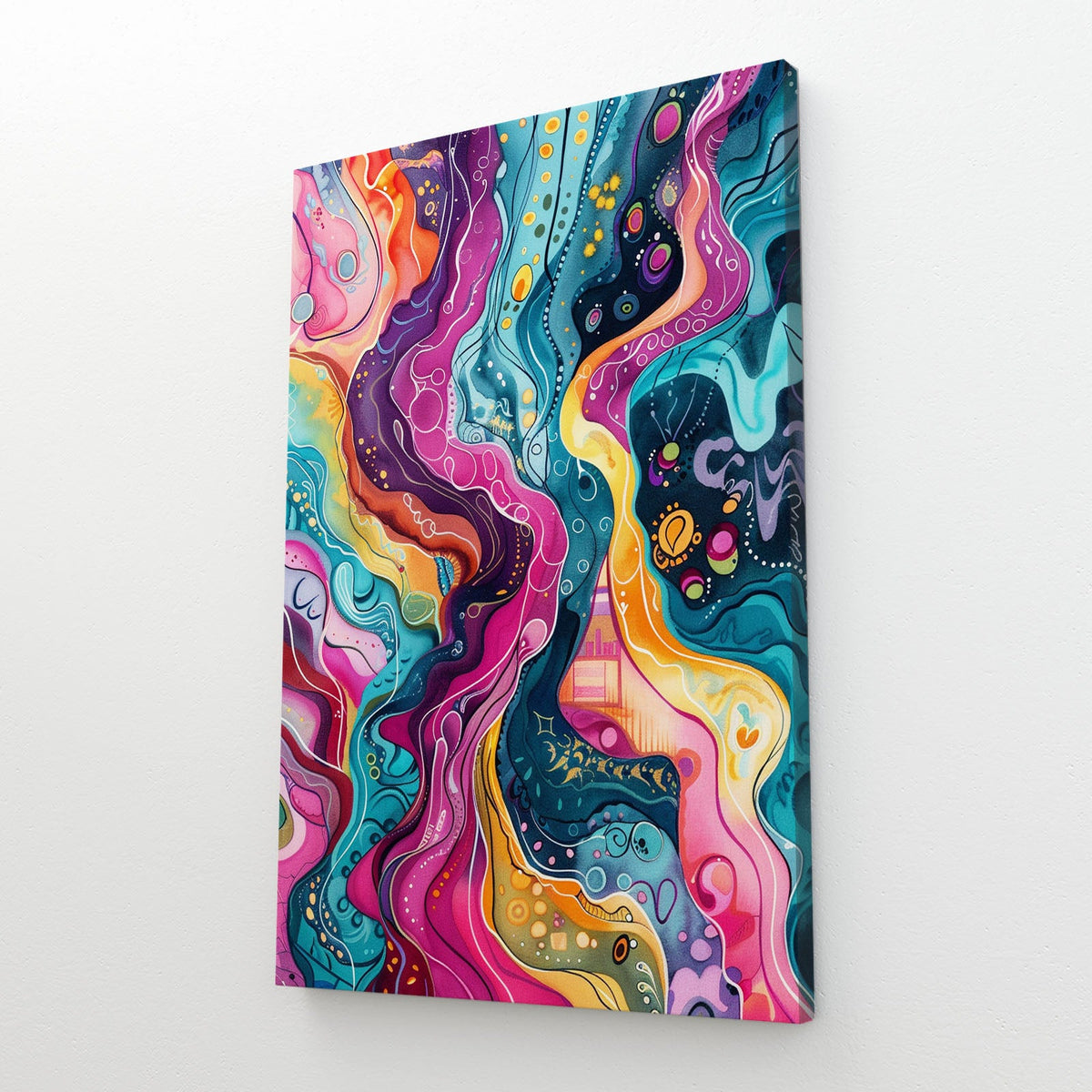 Boho Art Wall — abstract canvas print in blue tones, angled canvas view on white background
