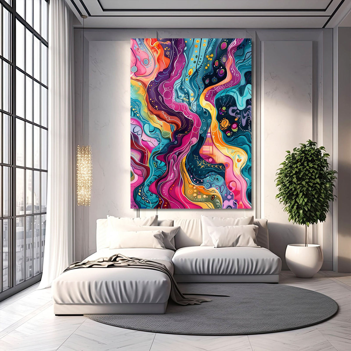Boho Art Wall — abstract canvas print in blue tones, styled in a furnished interior