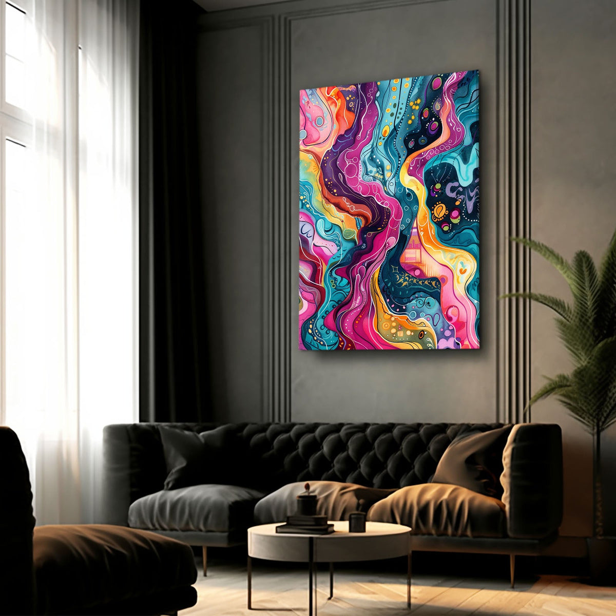 Boho Art Wall — abstract canvas print in blue tones, styled in a furnished interior