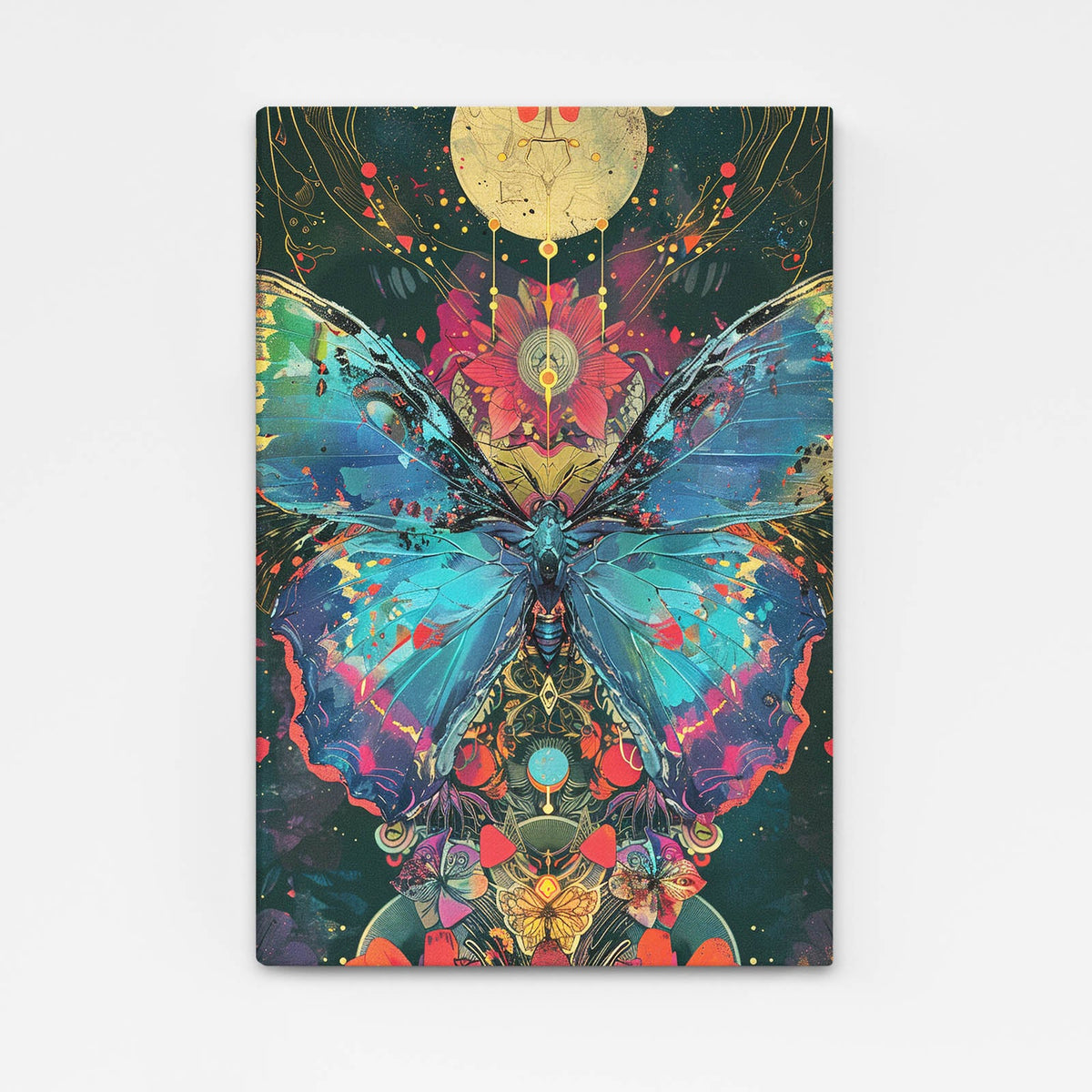 Boho Butterfly Wall Art — boho canvas print in blue tones, angled canvas view on white background