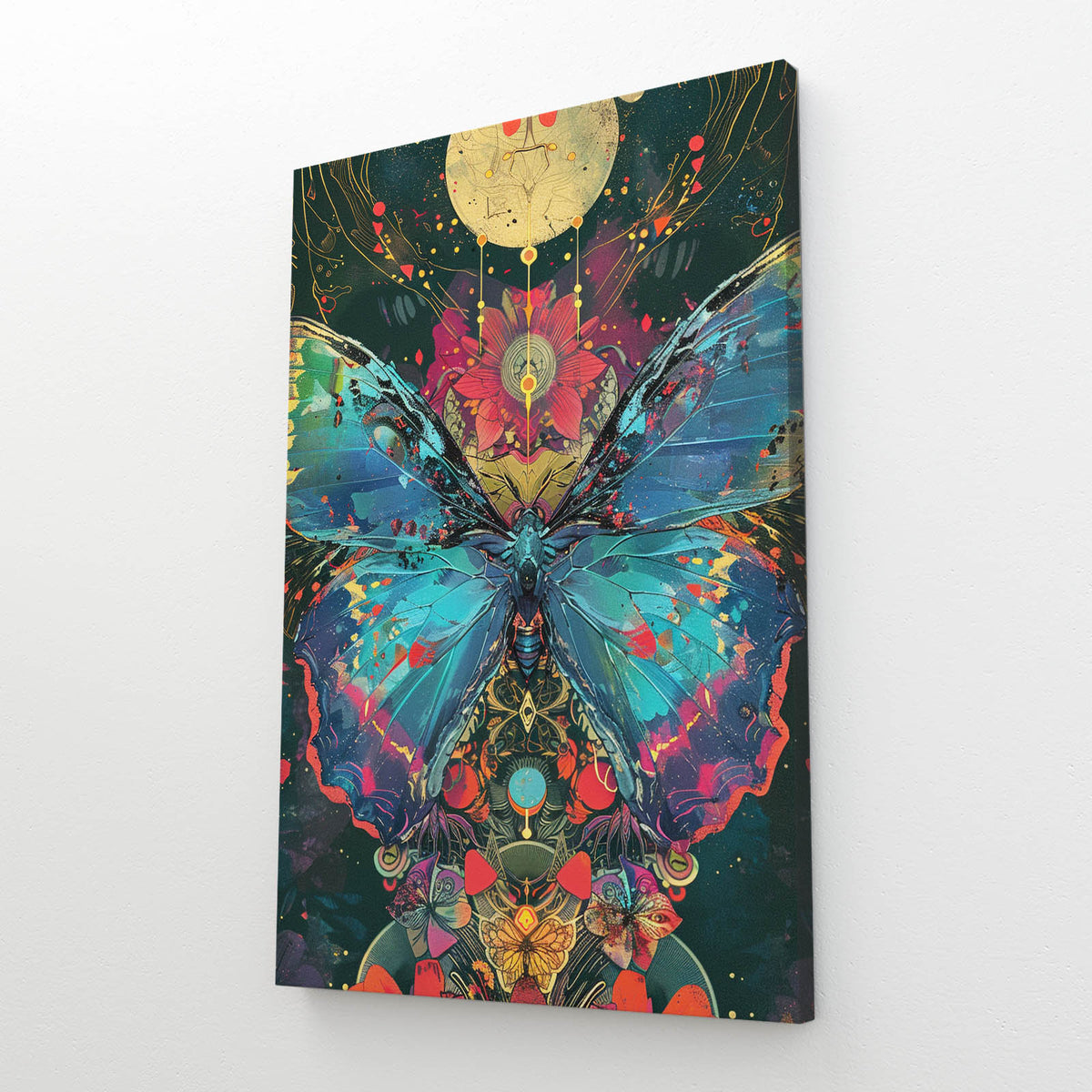 Boho Butterfly Wall Art — boho canvas print in blue tones, angled canvas view on white background