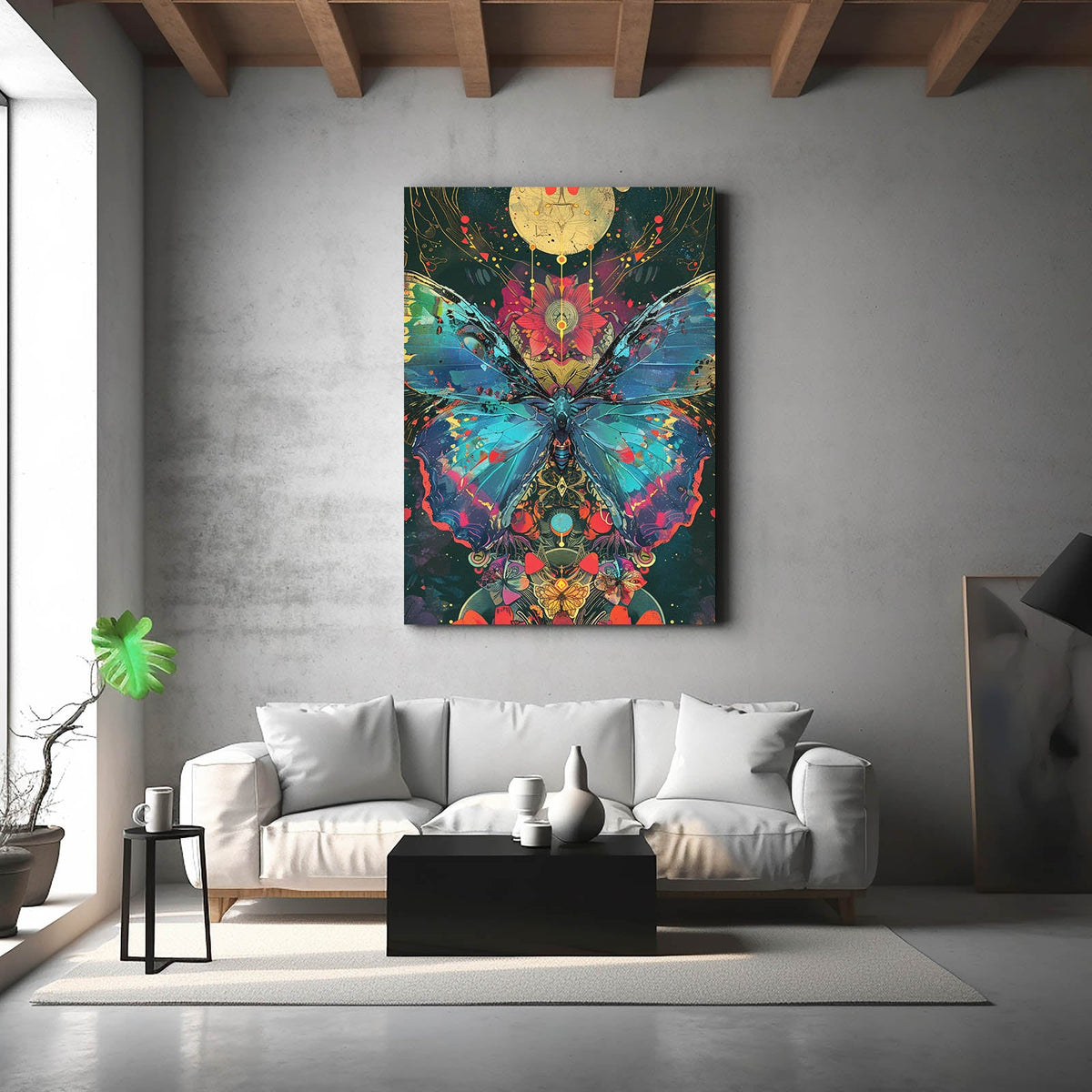 Boho Butterfly Wall Art — boho canvas print in blue tones, styled in a furnished interior