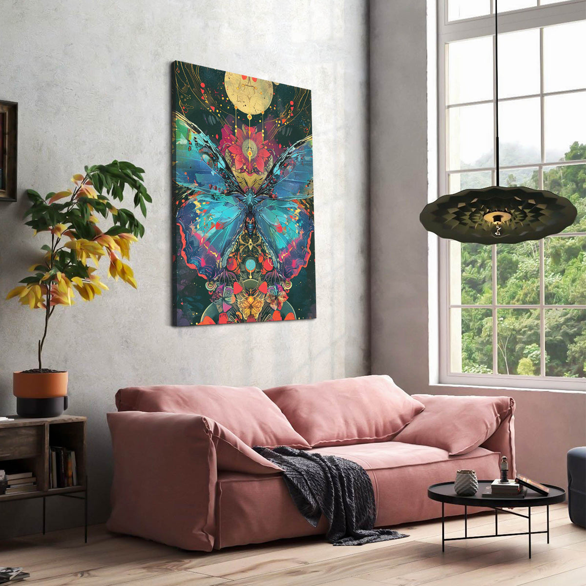 Boho Butterfly Wall Art — boho canvas print in blue tones, styled in a furnished interior
