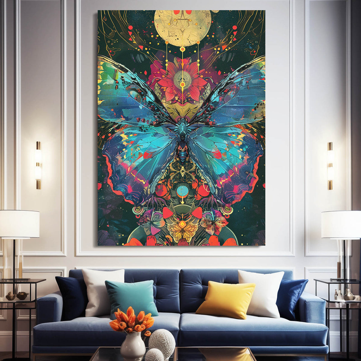 Boho Butterfly Wall Art — boho canvas print in blue tones, styled in a furnished interior