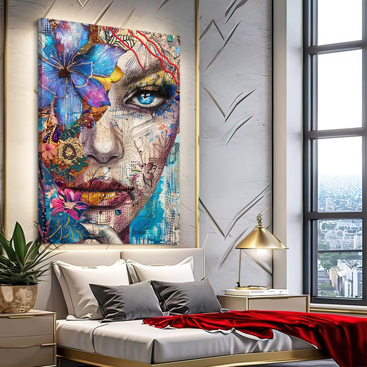 Boho Collage Wall Art — abstract canvas print in blue tones, view 3