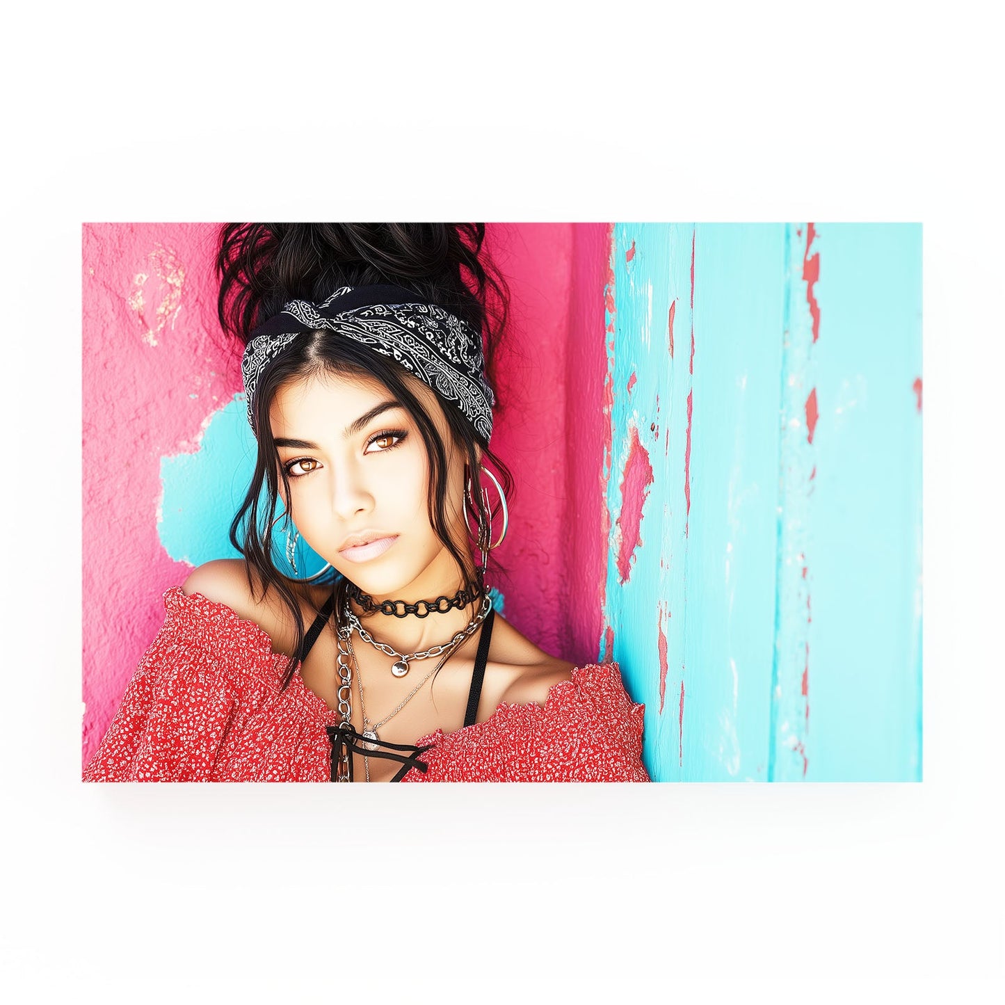 Boho Knit Photography Art Prints – young woman in a red knit against teal shutters