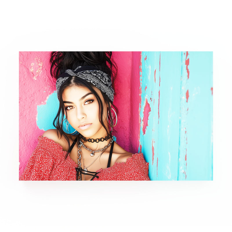 Boho Knit Photography Art Prints – young woman in a red knit against teal shutters