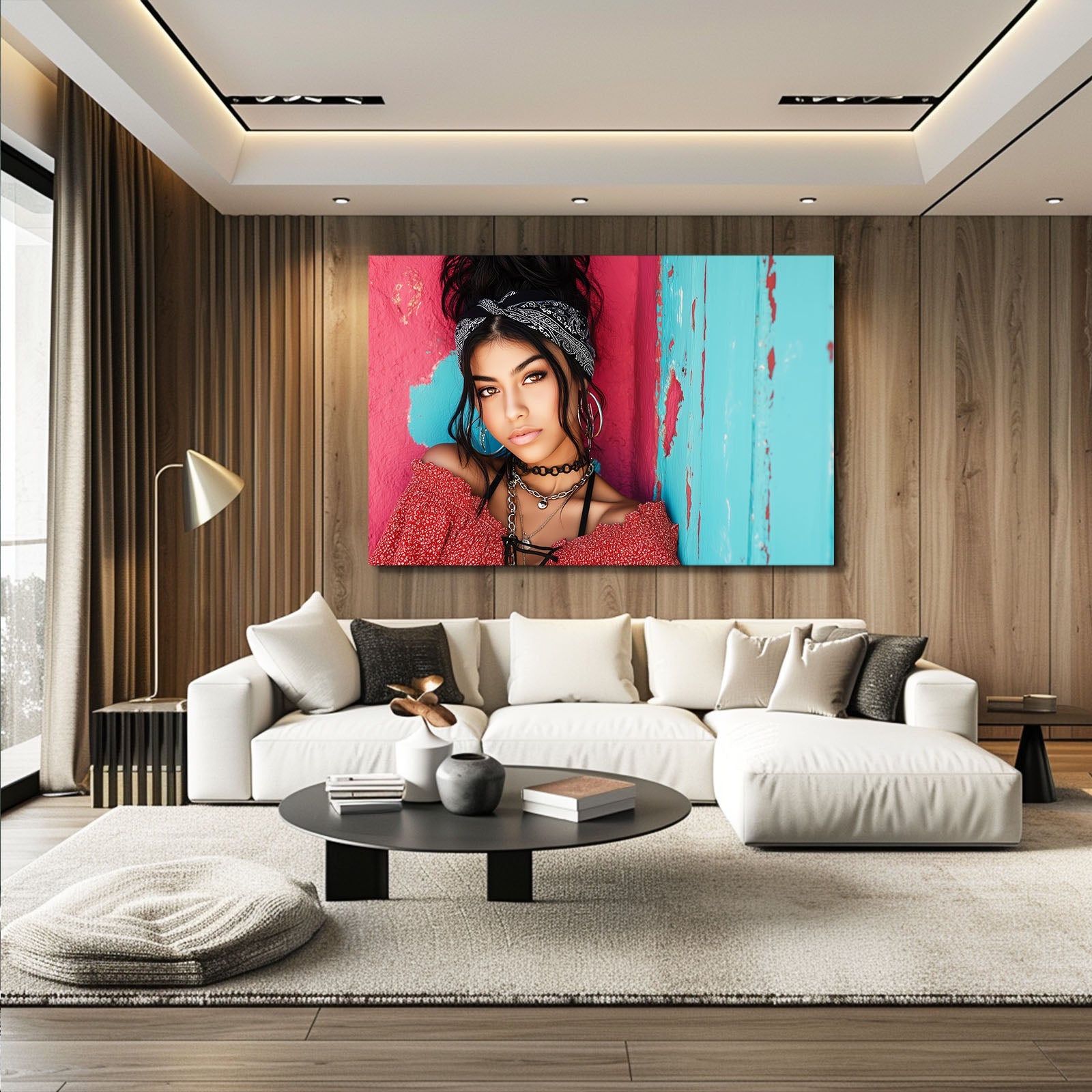 Boho Knit Photography Art Prints – above a white bouclé sofa in a soft lounge