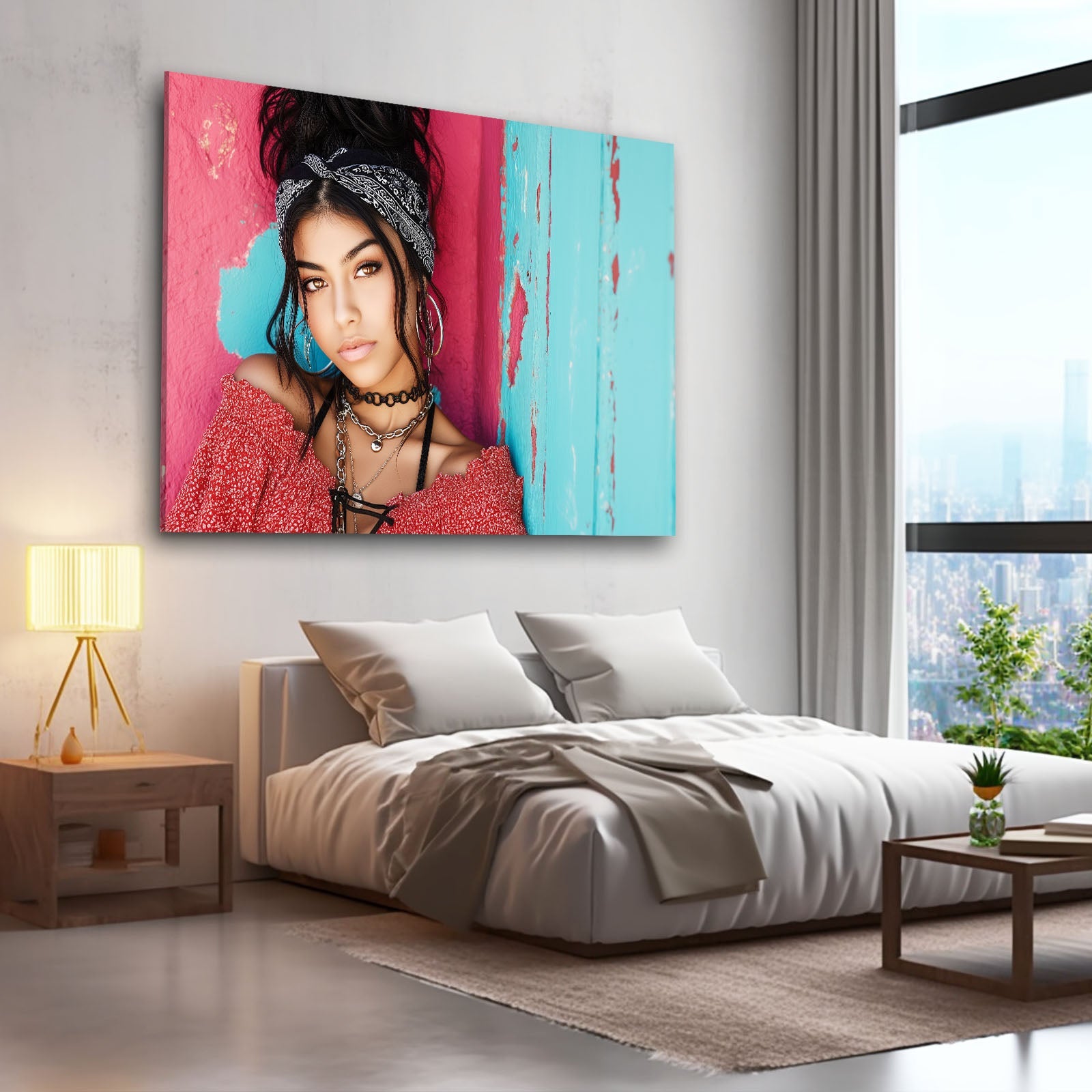 Boho Knit Photography Art Prints – above a bed in a warm-lit bedroom