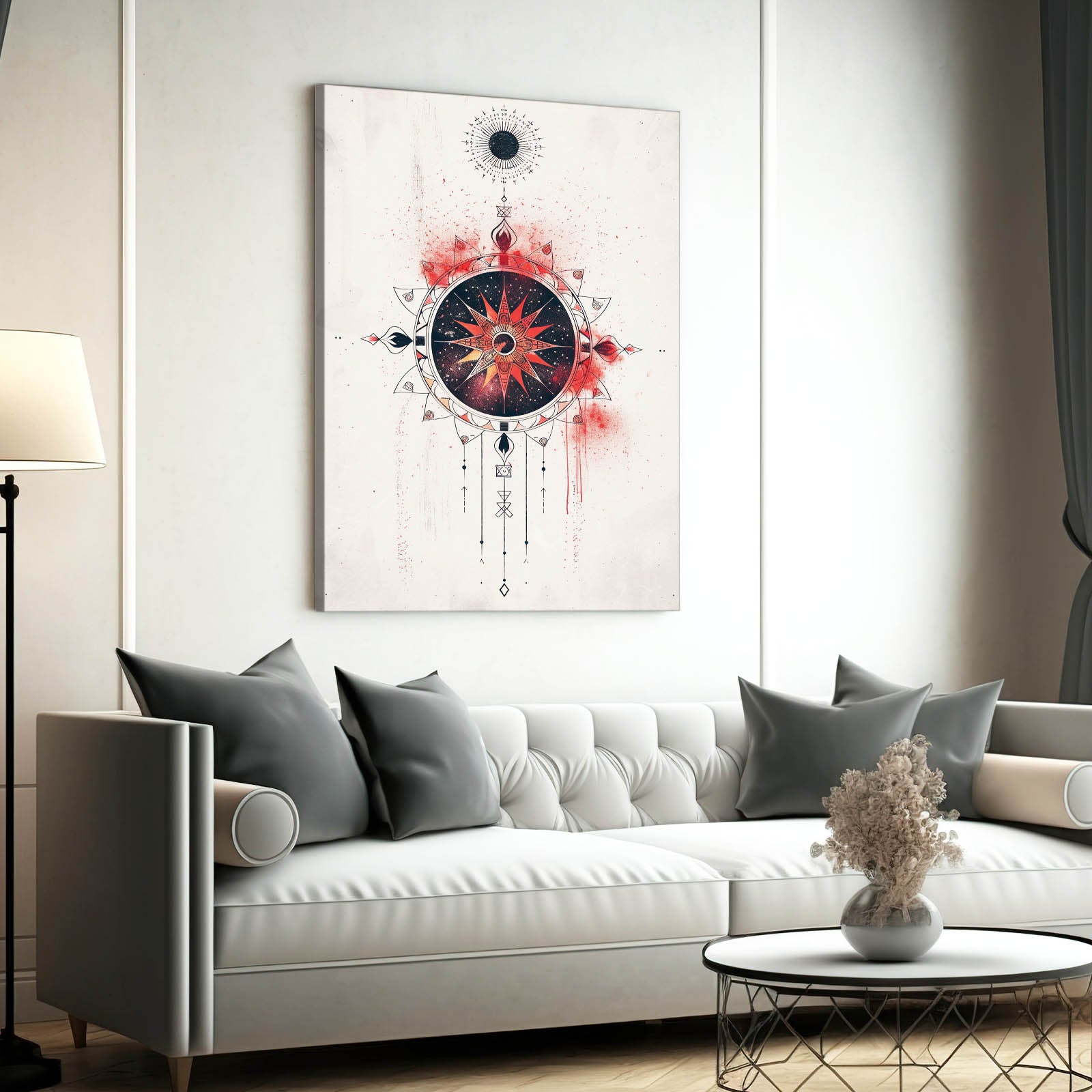 Boho Mandala Wall Art — geometric canvas print in white tones, view 5