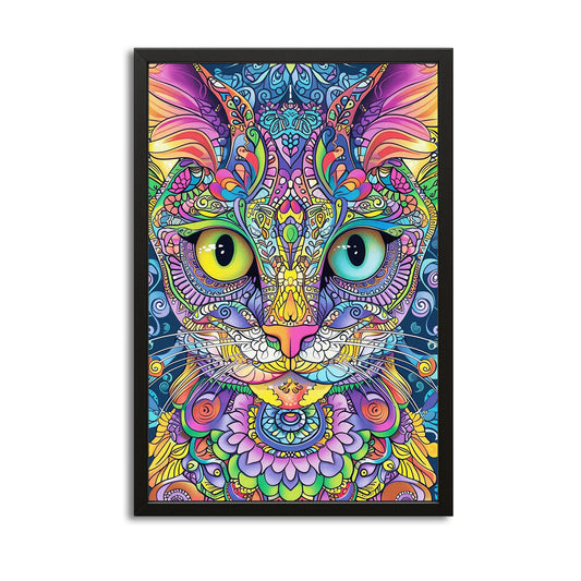 Boho Psychedelic Cat Wall Art — psychedelic canvas print in blue tones, with Premium Black frame on white background