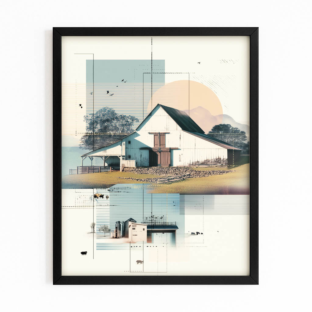 Boho Rustic Farmhouse Landscape Art — boho canvas print in white tones, with Premium Black frame on white background