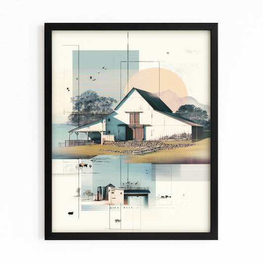 Boho Rustic Farmhouse Landscape Art — boho canvas print in white tones, with Premium Black frame on white background