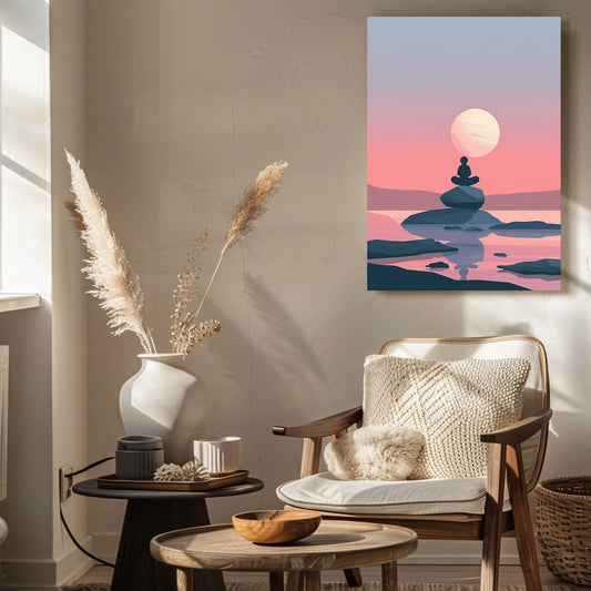 Boho Sunset Meditation Art — zen canvas print in white tones, view 3