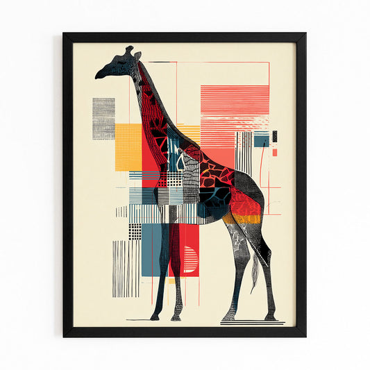 Framed artwork of a stylized giraffe with geometric patterns on a beige background