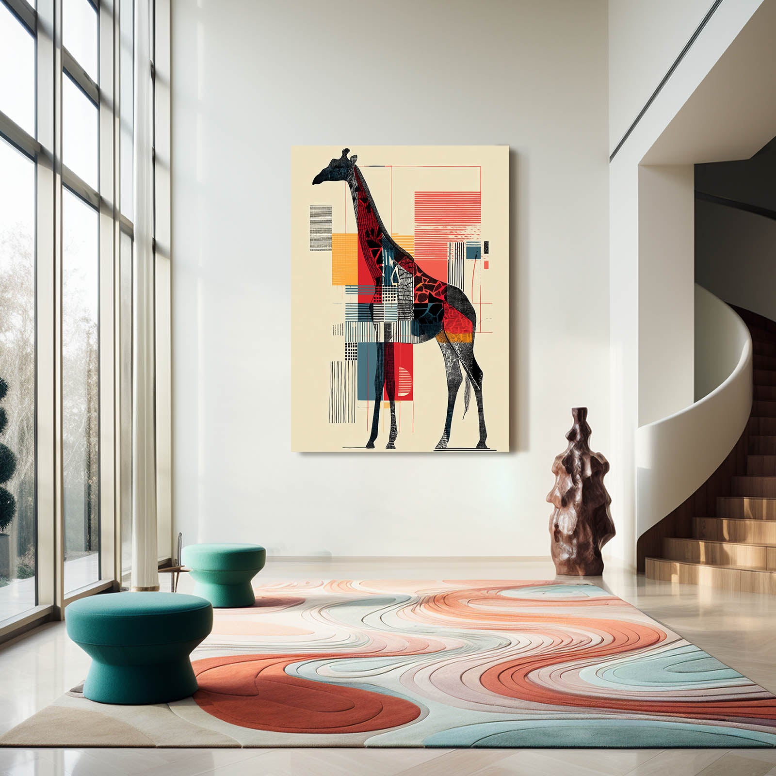 Modern interior with a colorful abstract painting of a giraffe on a wall.