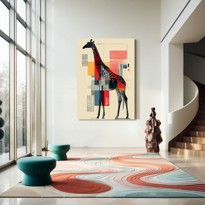 Modern interior with a colorful abstract painting of a giraffe on a wall.