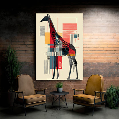 Abstract giraffe painting on a brick wall with two chairs and a small table below.