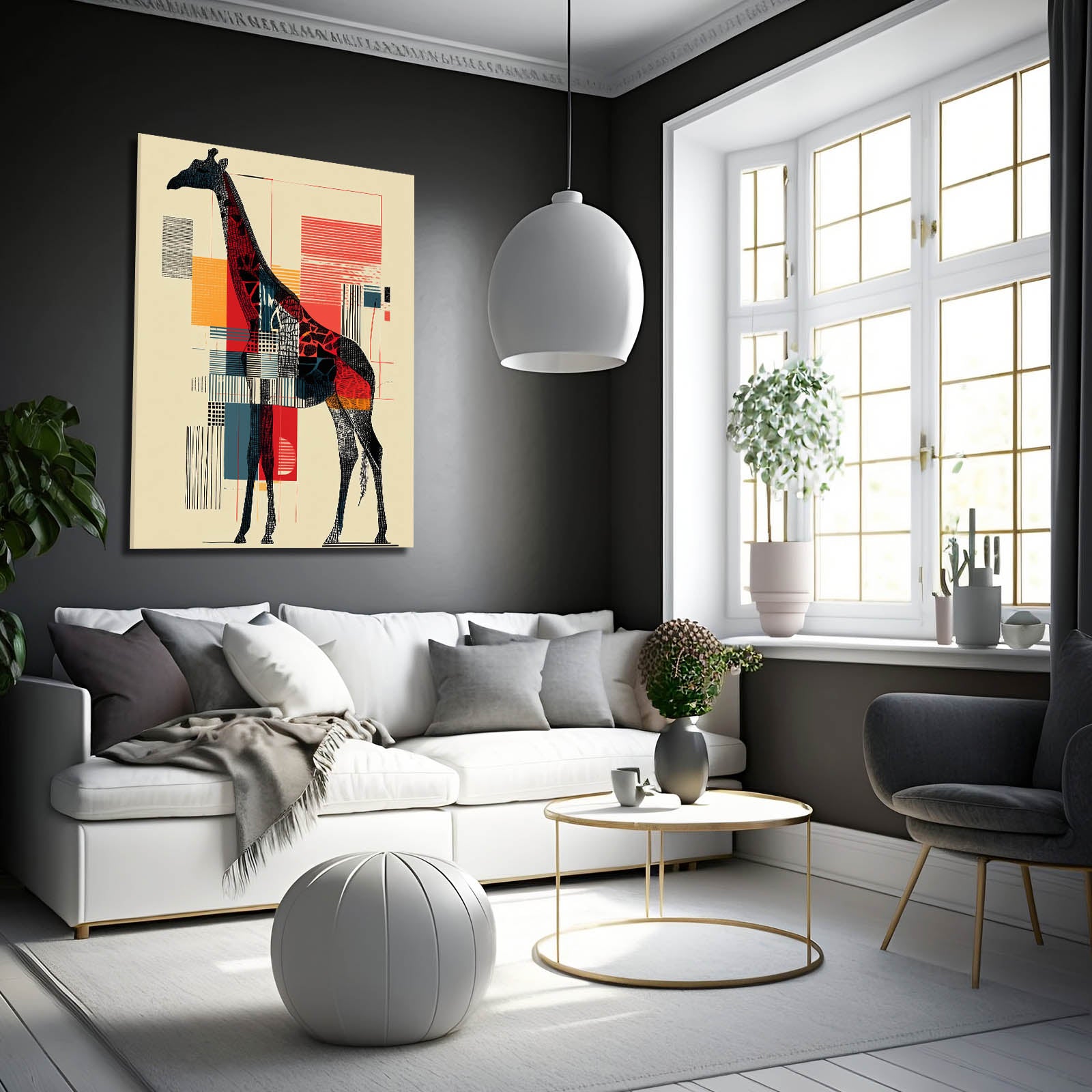 Modern living room with a gray sofa, round ottoman, and abstract giraffe painting on a dark wall.