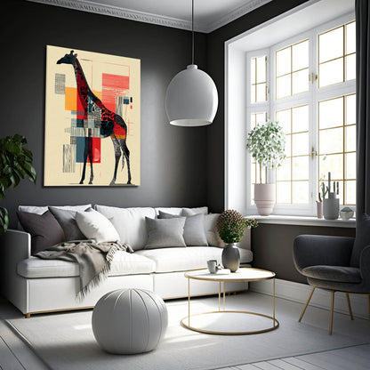Modern living room with a gray sofa, round ottoman, and abstract giraffe painting on a dark wall.