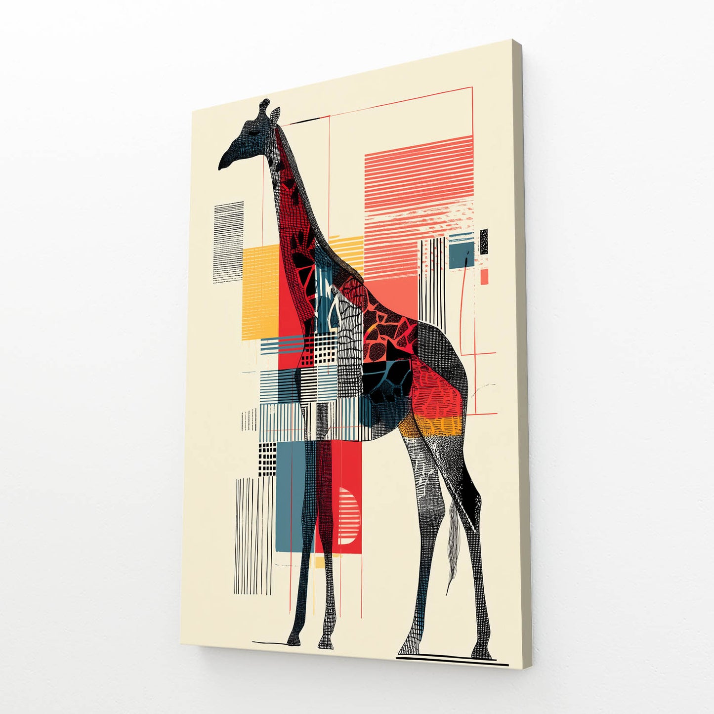 Abstract art print of a giraffe with geometric shapes on a beige background